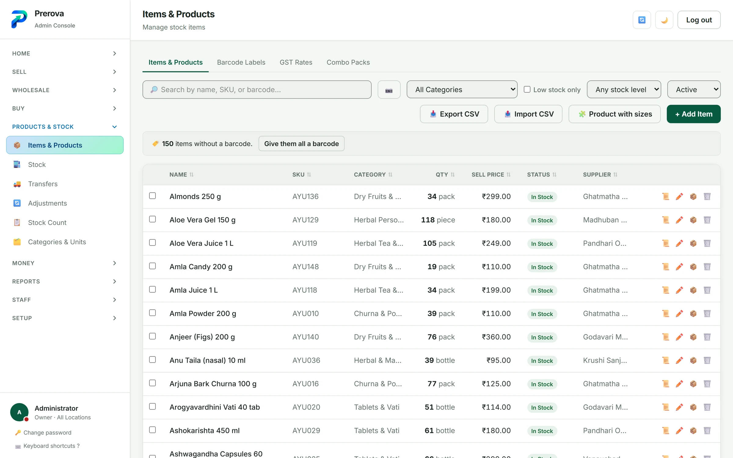 The Prerova inventory list, showing products with their category, quantity in stock, selling price and an in-stock or out-of-stock status.