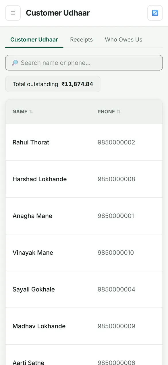 A customer's udhaar on a phone, and what they owe.