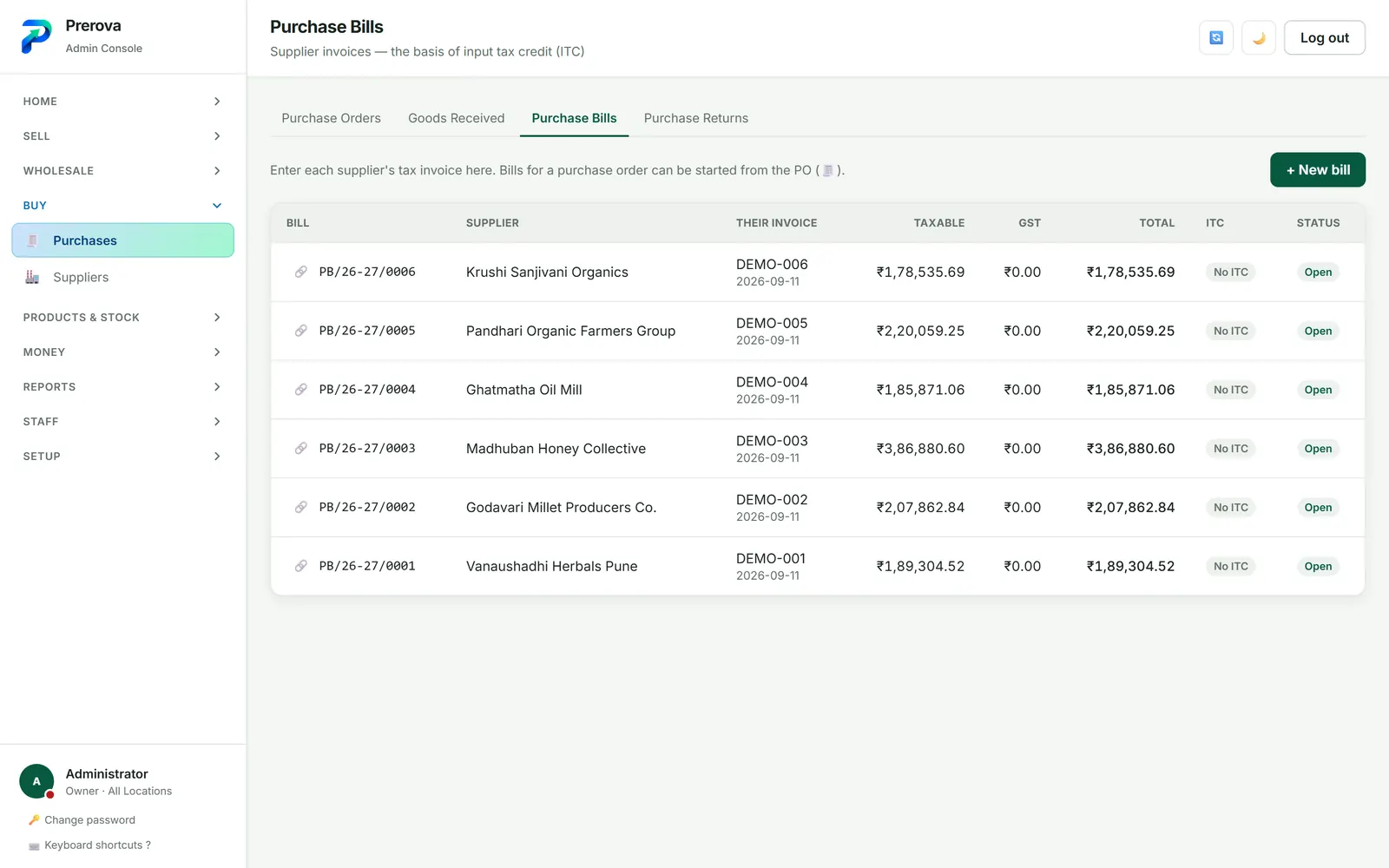 The Prerova purchase bills screen with supplier bills, GST and amounts due.