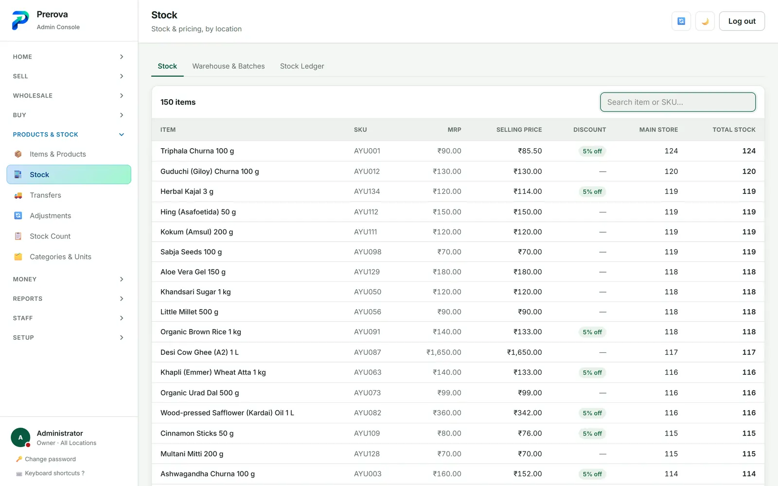 The Prerova stock screen with batches, quantities and expiry dates.